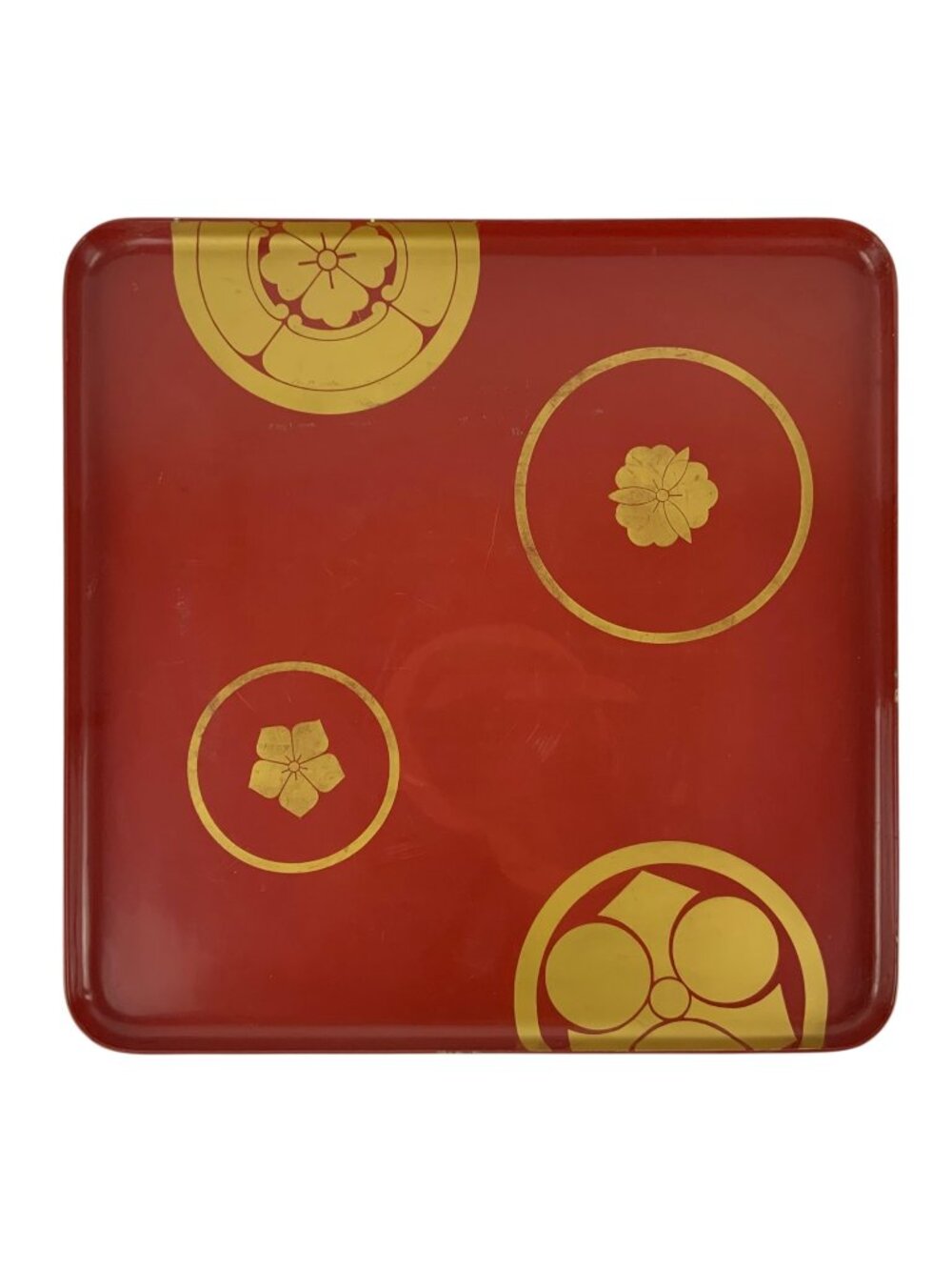 Vintage Durlaque Red Gold Lacquerware Rectangular Large Tray Floral Motifs Japan